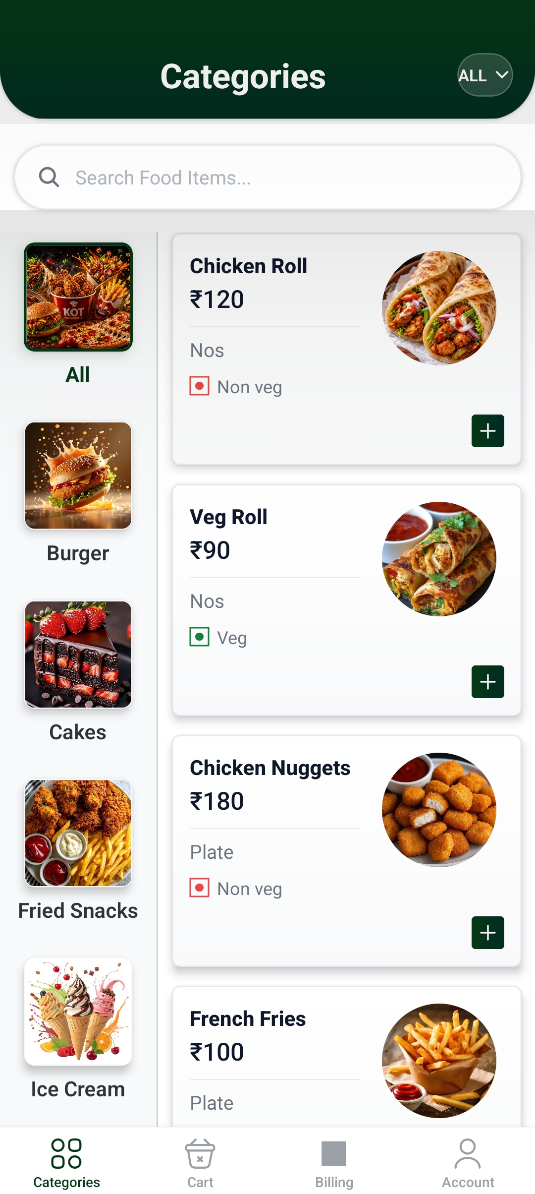 Food category menu with item photos, veg/non-veg tags, and Add buttons